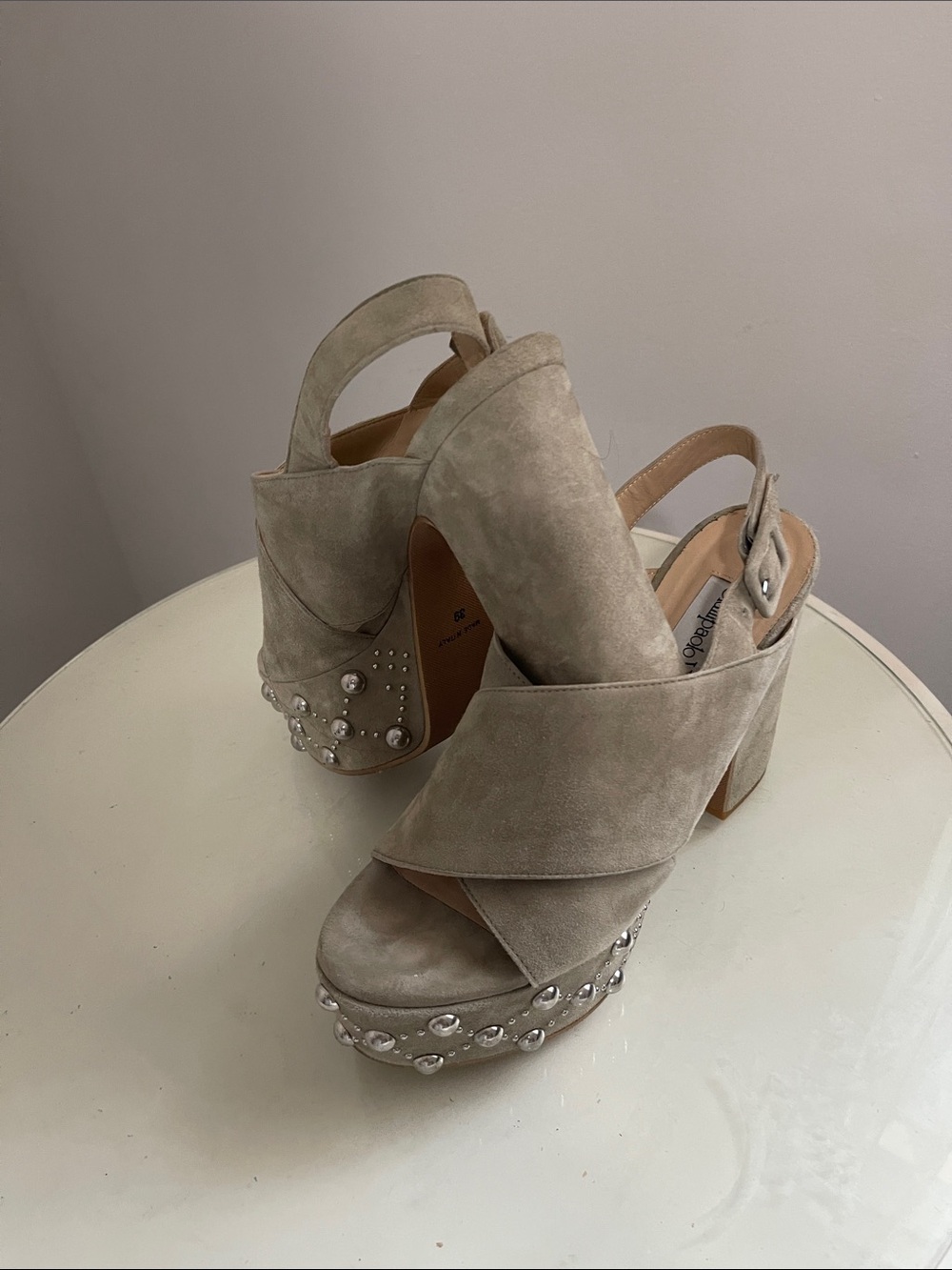 Platform Suede Slingback Sandals with Gem Embellishments - Beige